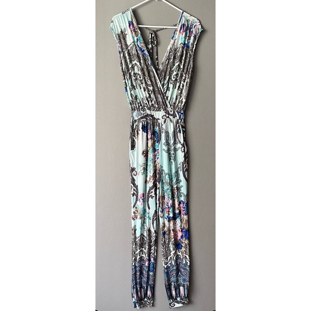 ADRIENNE Boho Beachy Paisley Floral Surplice V-Neck Jumpsuit S Blue